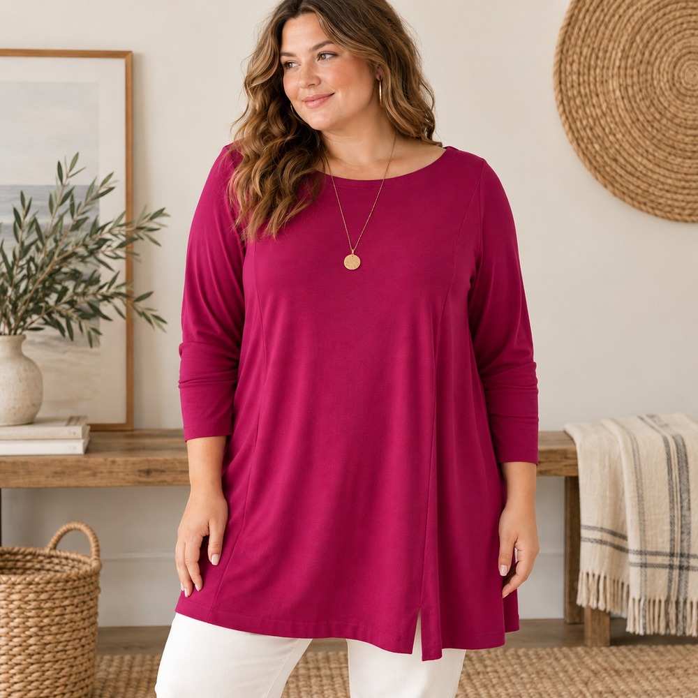 J Jill Womens Stretch Ponte Knit Tunic Top Plus Size 2X Magenta Lagenlook Artsy